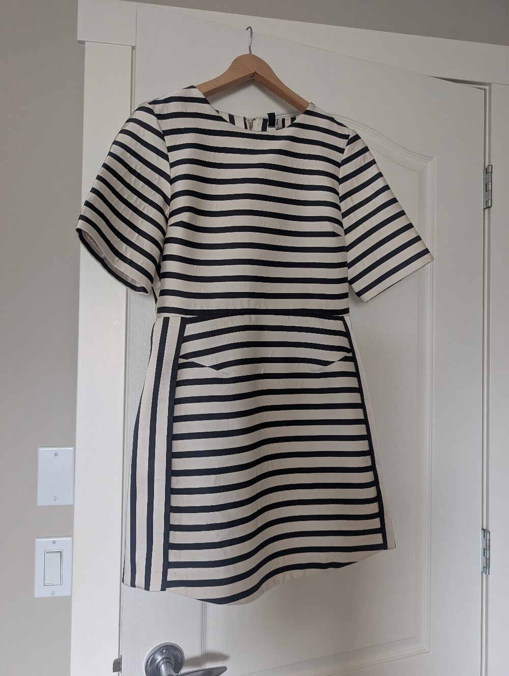 Topshop Satin Striped Short Sleeve A-Line Dress in Black and Cream